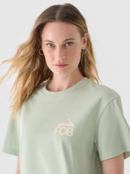 4F T-shirt regular z nadrukiem damski - khaki XS. Brązowe t-shirty damskie 4F, xs, bez wzorów, z bawełny, klasyczne, bez kołnierzyka, bez ramiączek. W wyprzedaży za 19.99 zł.