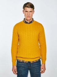 Sweter męski ze splotem warkoczowym żołty Amaris 201. Żółte swetry męskie BIG STAR, l, bez wzorów, z dzianiny, klasyczne, bez kołnierzyka, bez ramiączek. Za 229.99 zł.