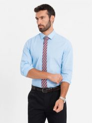 Bawełniana klasyczna koszula REGULAR - błękitna V1 OM-SHOS-0154 - XXL. Niebieskie koszule męskie Ombre Clothing, l, bez wzorów, z bawełny, klasyczne, bez kołnierzyka, bez ramiączek. W wyprzedaży za 79.99 zł.