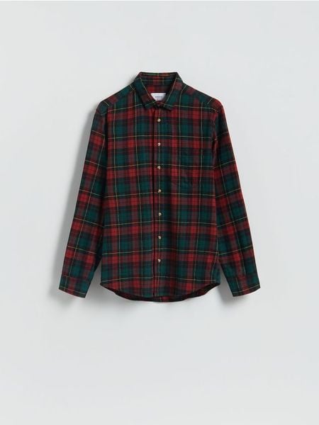 Koszula regular fit w kratę - bordowy. Czerwone koszule męskie Reserved, l, bez wzorów, z bawełny, bez kołnierzyka, bez ramiączek. W wyprzedaży za 89.99 zł.