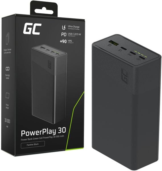 Greencell PowerPlay 30 - czarny powerbank 30 000mAh, 22,5W, 4 porty. Czarne powerbanki Green Cell. Za 133.81 zł.