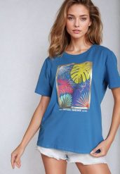 Niebieski Klasyczny Bawełniany T-shirt z Wakacyjnym Nadrukiem Zaronea. Niebieskie t-shirty damskie Born2be, m, bez wzorów, z bawełny, biznesowe, bez kołnierzyka, bez ramiączek. Za 29.99 zł.