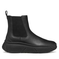 Sztyblety Geox. Czarne botki damskie Geox, bez wzorów, bez obcasa, na płaskiej podeszwie, bez zapięcia. Za 729.99 zł.