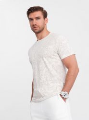 T-shirt męski fullprint w liście palmy - jasnobeżowy V1 OM-TSFP-0182 - XXL. Brązowe t-shirty męskie Ombre Clothing, l, bez wzorów, z bawełny, bez kołnierzyka, bez ramiączek. Za 77.99 zł.