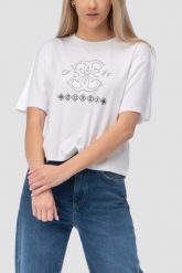 GUESS Biały damski t-shirt na krótki rękaw z wyszywanym logo Gabi, Rozmiar L. Białe t-shirty damskie Guess, l, z aplikacjami, klasyczne, bez kołnierzyka, bez ramiączek. Za 219.99 zł.