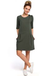Zielona Kobieca Sukienka Dzianinowa z Kokardką na Ramieniu. Zielone sukienki damskie MOE, l, bez wzorów, z bawełny, bez kołnierzyka, bez ramiączek. Za 271.90 zł.