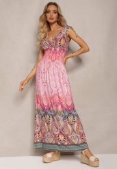 Jasnoróżowa Sukienka z Mozaikowym Wzorem Boho Gumką w Pasie i Sznurkami na Ramionach Ainervea. Czerwone sukienki damskie Renee, na lato, s, bez wzorów, z materiału, boho, bez kołnierzyka, bez ramiączek, maxi. Za 29.99 zł.