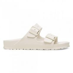 Klapki damskie Birkenstock Arizona Eva. Białe klapki damskie Birkenstock, bez wzorów, z materiału, sportowe, bez obcasa, bez zapięcia. Za 139.00 zł.