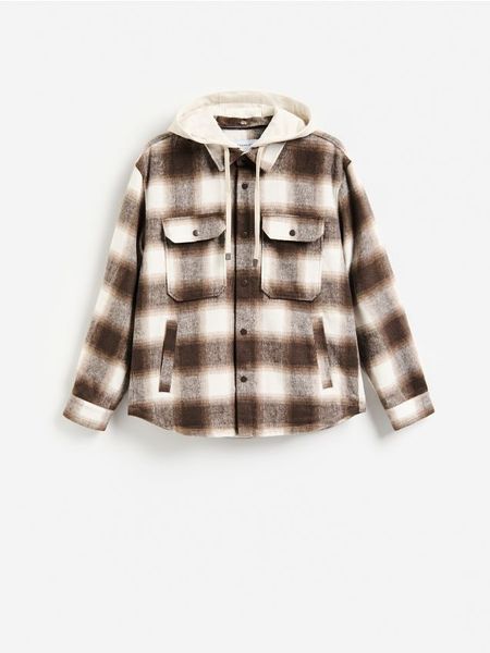 Koszula z kapturem - brązowy. Brązowe koszule męskie Reserved, l, bez wzorów, z tkaniny, bez kołnierzyka, bez ramiączek. Za 179.99 zł.