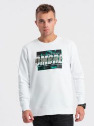 Męska bluza z nadrukiem zakładana przez głowę - biała V1 OM-SSPS-0156 - XXL. Białe bluzy męskie Ombre Clothing, l, bez wzorów, z bawełny, bez ramiączek, bez kaptura. W wyprzedaży za 49.99 zł.