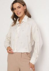 Beżowa Koszula z Wiskozą i Lnem Ozdobiona Haftem Lisarena. Brązowe koszule damskie Born2be, m, bez wzorów, z wiskozy, eleganckie, bez kołnierzyka, bez ramiączek. Za 99.99 zł.