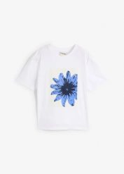 Bawełniany T-shirt z nadrukiem. Białe t-shirty damskie bonprix, bez wzorów, z bawełny, bez kołnierzyka, bez ramiączek. Za 39.99 zł.