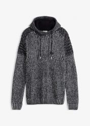 Gruby sweter z kapturem i detalami w stylu biker. Czarne swetry męskie bonprix, m, bez wzorów, bez kołnierzyka, bez ramiączek. Za 149.99 zł.