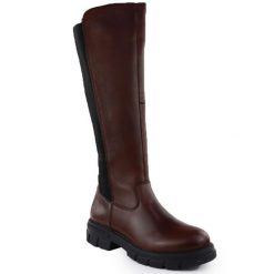 Skórzane kozaki damskie z gumą brązowe Rieker Z9158-27. Brązowe kozaki damskie Rieker, bez wzorów, z gumy, bez obcasa, bez zapięcia. Za 519.00 zł.