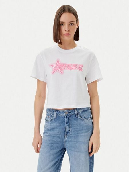 Guess T-Shirt V5GI12 K9RM1 Biały Boxy Fit. Białe t-shirty damskie Guess, m, z aplikacjami, z bawełny, bez kołnierzyka, bez ramiączek. Za 89.99 zł.