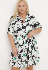 Czarno-Biała Koszulowa Sukienka w Kwiaty z Wiązanym Paskiem Laritasia. Czarne sukienki damskie Born2be, xl, bez wzorów, bez kołnierzyka, bez ramiączek, midi, koszulowe. Za 79.99 zł.