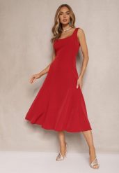 Bordowa Rozkloszowana Sukienka w Klasycznym Stylu Deslene. Czerwone sukienki damskie Renee, na co dzień, l, bez wzorów, eleganckie, bez kołnierzyka, bez ramiączek, midi, proste. Za 109.99 zł.