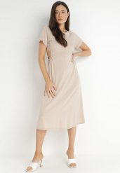 Beżowa Sukienka Bawełniana Chipih. Brązowe sukienki damskie Born2be, na lato, l, bez wzorów, z bawełny, eleganckie, bez kołnierzyka, bez ramiączek, midi. Za 29.99 zł.