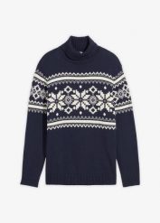 Sweter z golfem, w norweski wzór, z czystej bawełny. Niebieskie swetry męskie bonprix, m, bez wzorów, z bawełny, bez kołnierzyka, bez ramiączek. Za 129.99 zł.