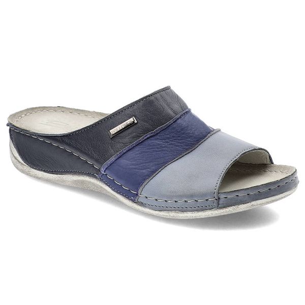 Niebieskie Klapki Pollonus Wygodne Damskie Obuwie. Niebieskie klapki damskie Pollonus, na lato, bez wzorów, ze skóry, bez obcasa, bez zapięcia. Za 129.00 zł.