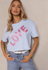 Niebieski Krótki T-shirt Oversize z Bawełny z Ozdobnym Napisem Sanillva. Niebieskie t-shirty damskie Renee, m, bez wzorów, z bawełny, bez kołnierzyka, bez ramiączek. Za 39.99 zł.
