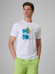 4F T-shirt regular z nadrukiem męski - biały L. Białe t-shirty męskie 4F, l, bez wzorów, z bawełny, bez kołnierzyka, bez ramiączek. Za 69.99 zł.