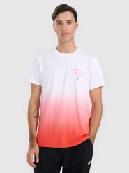 4F T-shirt regular z nadrukiem męski - czerwony S. Czerwone t-shirty męskie 4F, m, bez wzorów, z bawełny, bez kołnierzyka, bez ramiączek. W wyprzedaży za 69.99 zł.