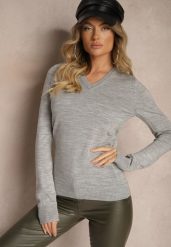 Szary Casualowy Sweter z Dekoltem w Serek Amitta. Szare swetry nierozpinane damskie Renee, m, bez wzorów, z jeansu, biznesowe, bez kołnierzyka, bez ramiączek. Za 69.99 zł.