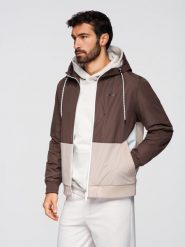 Lekka kurtka męska regular fit z podszewką i kapturem - brązowo-beżowa V1. Brązowe kurtki męskie Ombre Clothing, m, bez wzorów, z jeansu, biznesowe, z kapturem. Za 289.99 zł.