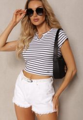 Biało-Czarny T-shirt z Bawełny z Krótkim Rękawem i Ozdobnym Wycięciem Relenna. Białe t-shirty damskie Renee, m, bez wzorów, z bawełny, bez kołnierzyka, bez ramiączek. Za 39.99 zł.