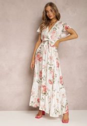 Biała Sukienka w Kwiaty o Kopertowym Kroju z Wiązanym Paskiem Iphene. Białe sukienki damskie Renee, na co dzień, na lato, l, bez wzorów, eleganckie, bez kołnierzyka, bez ramiączek, maxi, kopertowe. Za 59.99 zł.