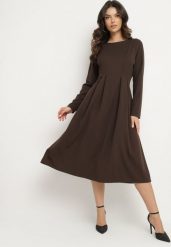 Brązowa Elegancka Sukienka Rozkloszowana Temarielis. Brązowe sukienki damskie Born2be, l, bez wzorów, eleganckie, bez kołnierzyka, bez ramiączek, midi, oversize. Za 119.99 zł.