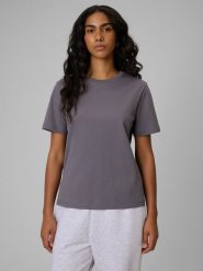 4F T-shirt regular gładki damski - szary S. Szare t-shirty damskie 4F, s, bez wzorów, z materiału, bez kołnierzyka, bez ramiączek. Za 79.99 zł.