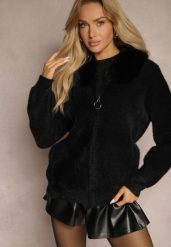 Czarny Zasuwany Kardigan z Wełną Ozdobiony Kołnierzem z Futerka Dailore. Czarne kardigany damskie Renee, bez wzorów, z wełny, eleganckie, bez kołnierzyka. Za 149.99 zł.