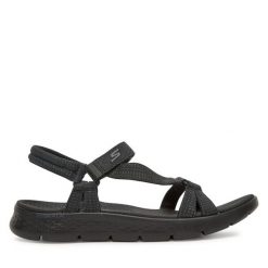 Sandały Skechers. Czarne sandały damskie Skechers, bez wzorów, bez obcasa, na płaskiej podeszwie, bez zapięcia. Za 189.99 zł.