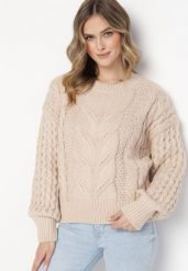 Beżowy Sweter z Bawełną i Wełną z Warkoczykowym Splotem Venqille. Brązowe swetry nierozpinane damskie Born2be, m, bez wzorów, z bawełny, bez kołnierzyka, bez ramiączek. Za 89.99 zł.
