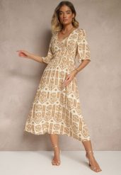 Ciemnobeżowa Sukienka Boho Rozkloszowana z Wiskozy z Odkrytymi Plecami Tuvria. Brązowe sukienki damskie Renee, na co dzień, l, bez wzorów, z wiskozy, boho, bez kołnierzyka, bez ramiączek, midi, rozkloszowane. Za 49.99 zł.