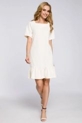 Sukienka dzianinowa trapezowa z falbaną na dole ecru. Sukienki damskie MOE, do pracy, na jesień, xl, bez wzorów, z dzianiny, biznesowe, bez kołnierzyka, bez ramiączek, trapezowe. Za 79.00 zł.