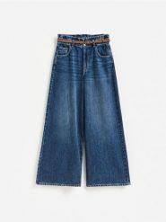 Jeansy wide leg z paskiem - granatowy. Niebieskie jeansy damskie Reserved, bez wzorów, z bawełny. Za 159.99 zł.