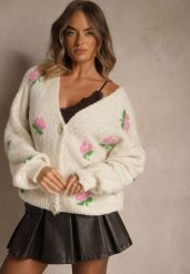 Jasnobeżowy Oversizowy Kardigan z Dodatkiem Wełny w Kwiaty Nelenesa. Brązowe kardigany damskie Renee, bez wzorów, z jeansu, bez kołnierzyka. Za 169.99 zł.