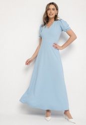 Niebieska Sukienka Rozkloszowana z Trójkątnym Dekoltem Efralinae. Niebieskie sukienki damskie Born2be, na imprezę, na lato, l, bez wzorów, eleganckie, bez kołnierzyka, bez ramiączek, maxi, rozkloszowane. Za 139.99 zł.