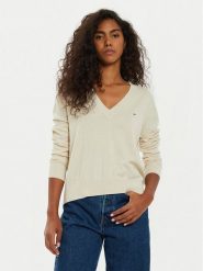 Tommy Jeans Sweter Essential DW0DW18670 Beżowy Regular Fit. Brązowe swetry nierozpinane damskie Tommy Jeans, xxs, bez wzorów, z bawełny, bez kołnierzyka, bez ramiączek. Za 209.99 zł.