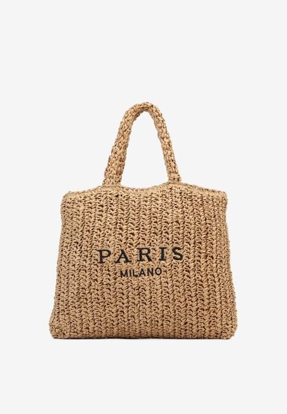 Ciemnobeżowa Pleciona Torebka Shopperka z Napisem Odaville. Brązowe shopperki damskie Born2be, bez wzorów, z jeansu, bez dodatków. Za 109.99 zł.