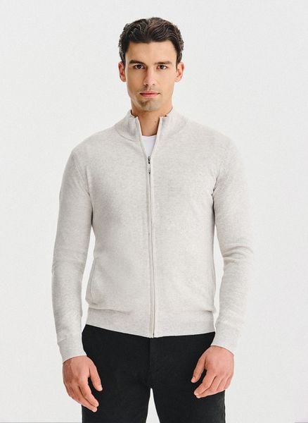 PAKO LORENTE - Jasnoszary rozpinany sweter z kieszeniami. Swetry męskie Pako Lorente, m, bez wzorów, z bawełny, bez kołnierzyka, bez ramiączek. Za 199.99 zł.