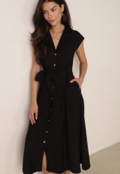 Czarna Letnia Sukienka Koszulowa z Bawełną i Dodatkiem Lnu Wiązana w Talii Elelaia. Czarne sukienki damskie Born2be, na co dzień, na lato, l, bez wzorów, z bawełny, bez kołnierzyka, bez ramiączek, maxi, dopasowane. Za 169.99 zł.
