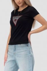 GUESS Czarny damski t-shirt z logo z cyrkoniami Triangle Rhinestones, Rozmiar XS. Czarne t-shirty damskie Guess, xs, z aplikacjami, eleganckie, bez kołnierzyka, bez ramiączek. W wyprzedaży za 89.99 zł.