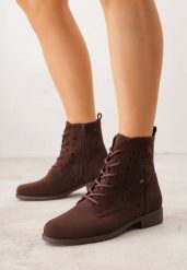 Brązowe Ażurowe Botki ze Sznurowaną Cholewką Sephylia. Brązowe botki damskie Renee, w ażurowe wzory, z jeansu, boho, bez obcasa, na płaskiej podeszwie, bez zapięcia. Za 129.99 zł.