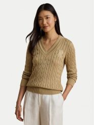 LAUREN RALPH LAUREN Sweter Meren 200888795013 Beżowy Regular Fit. Brązowe swetry nierozpinane damskie Lauren Ralph Lauren, xxl, bez wzorów, z bawełny, bez kołnierzyka, bez ramiączek. Za 949.99 zł.