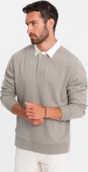 Ombre Bluza męska z białym kołnierzykiem polo - ciemnobeżowa V2 OM-SSNZ-0132 L. Białe bluzy męskie Ombre, l, bez wzorów, bez ramiączek, bez kaptura. Za 79.99 zł.