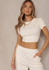 Beżowy T-shirt z Bawełny z Prążkowanego Materiału Aszedi. Brązowe t-shirty damskie Renee, m, bez wzorów, z bawełny, klasyczne, bez kołnierzyka, bez ramiączek. Za 24.99 zł.